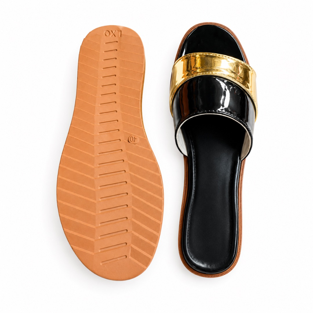 Womens Two Tone Glossy Slide Sandals with Metallic Accent