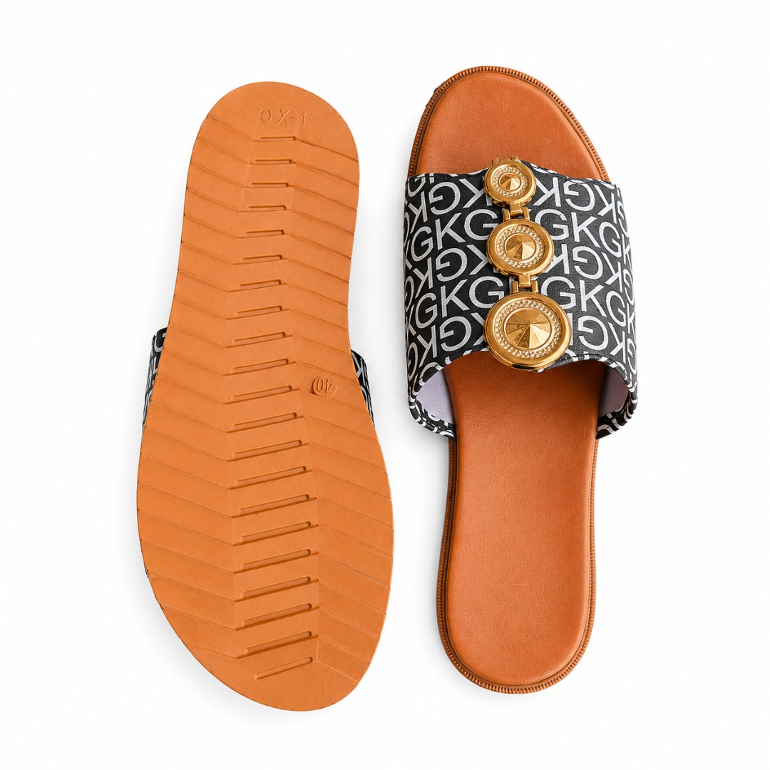 Womens Monogram Slide Sandals with Gold Medallion Accents