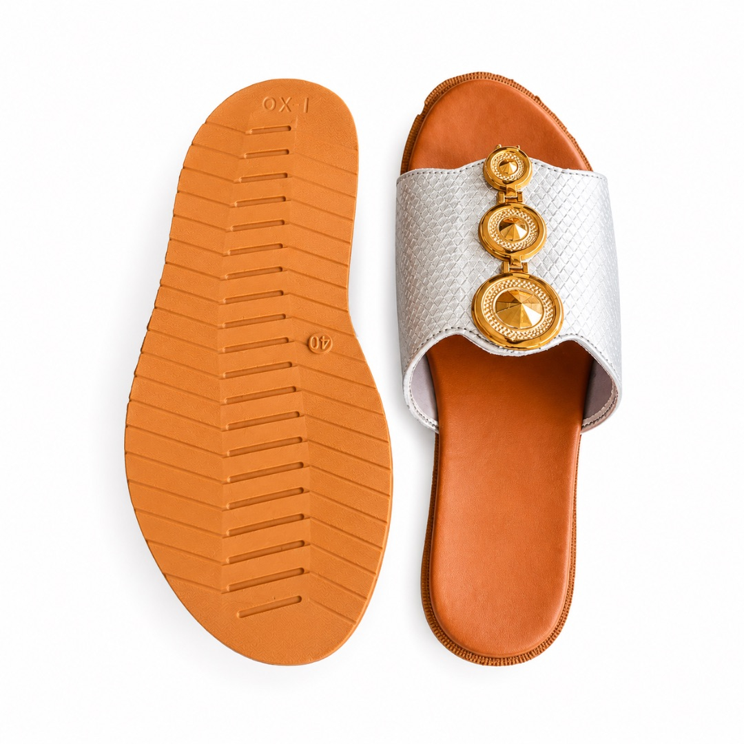 Womens Silver Textured Slide Sandals with Gold Accents