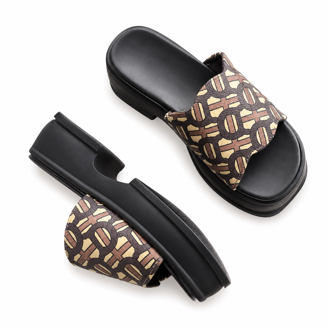 Monogram Pattern Platform Slide Sandals     Casual Comfort
