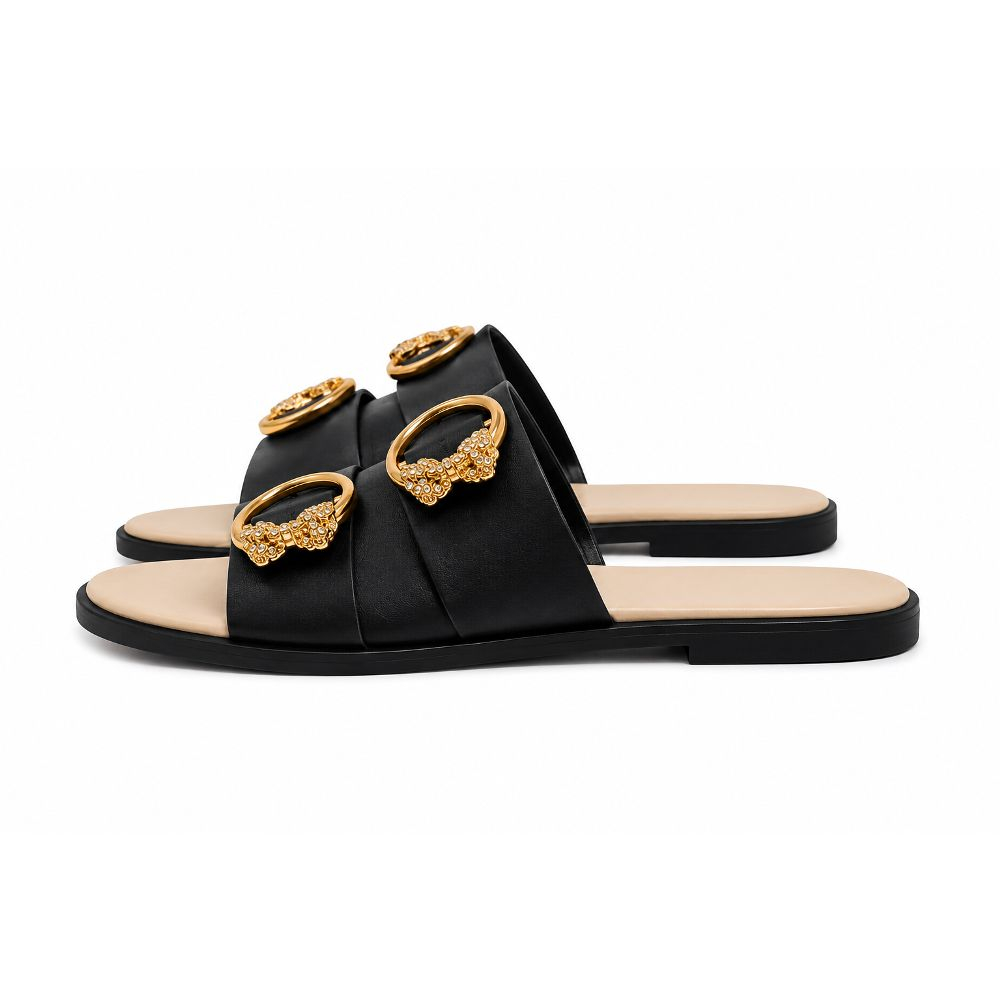 Womens Double Strap Decorative Ring Slide Sandals