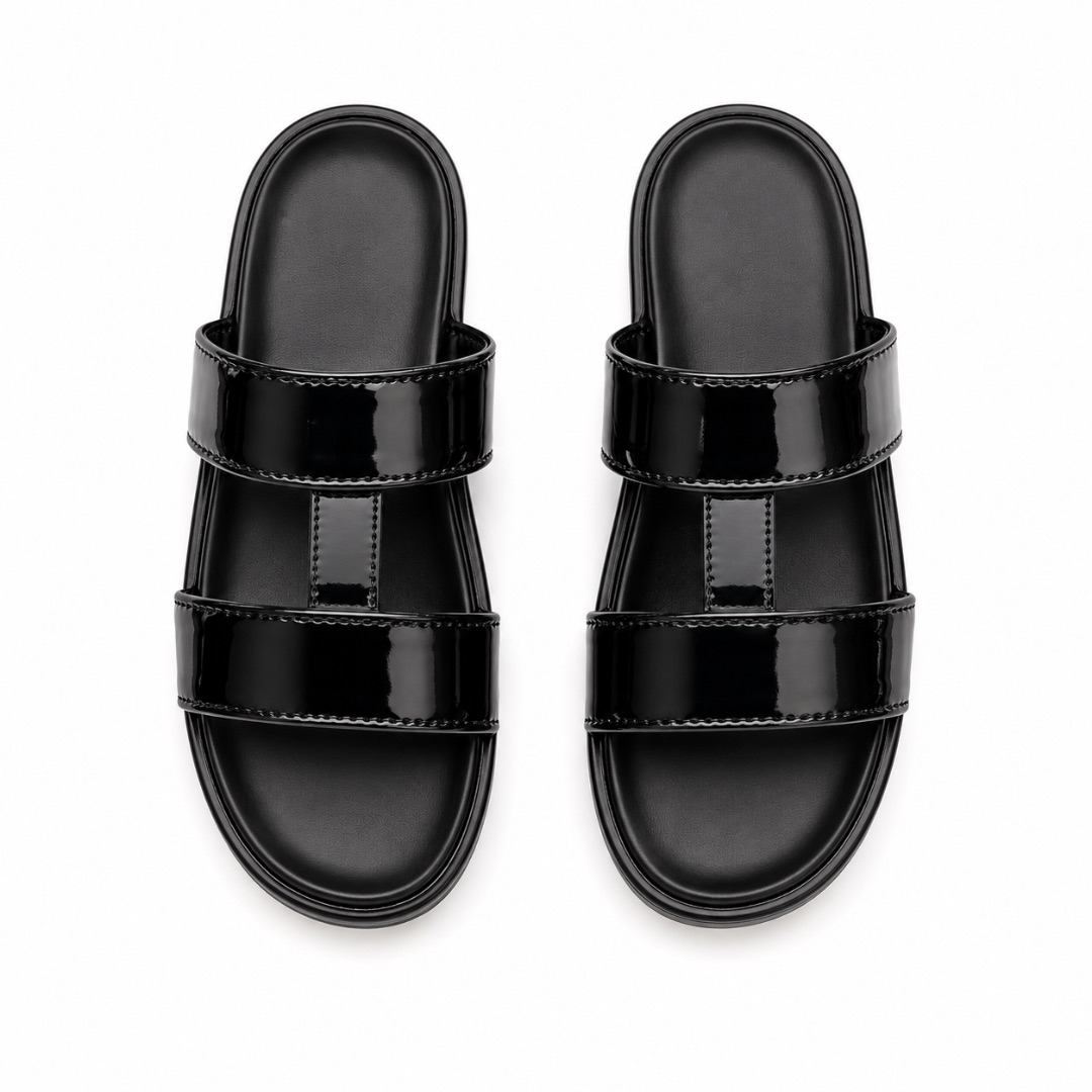 Glossy Double Strap Slide Sandals with Metallic Hardware