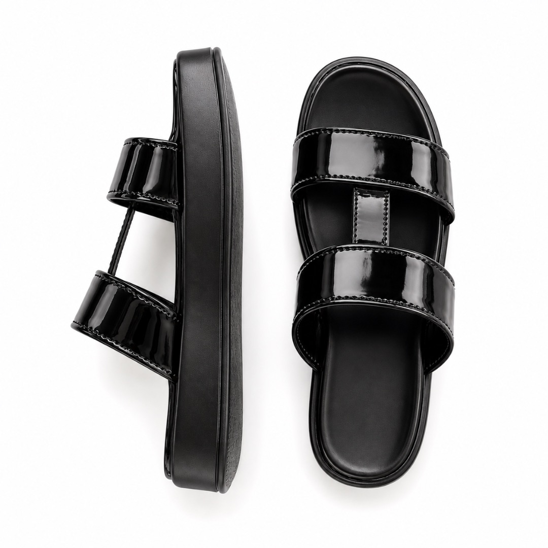 Glossy Double Strap Slide Sandals with Metallic Hardware