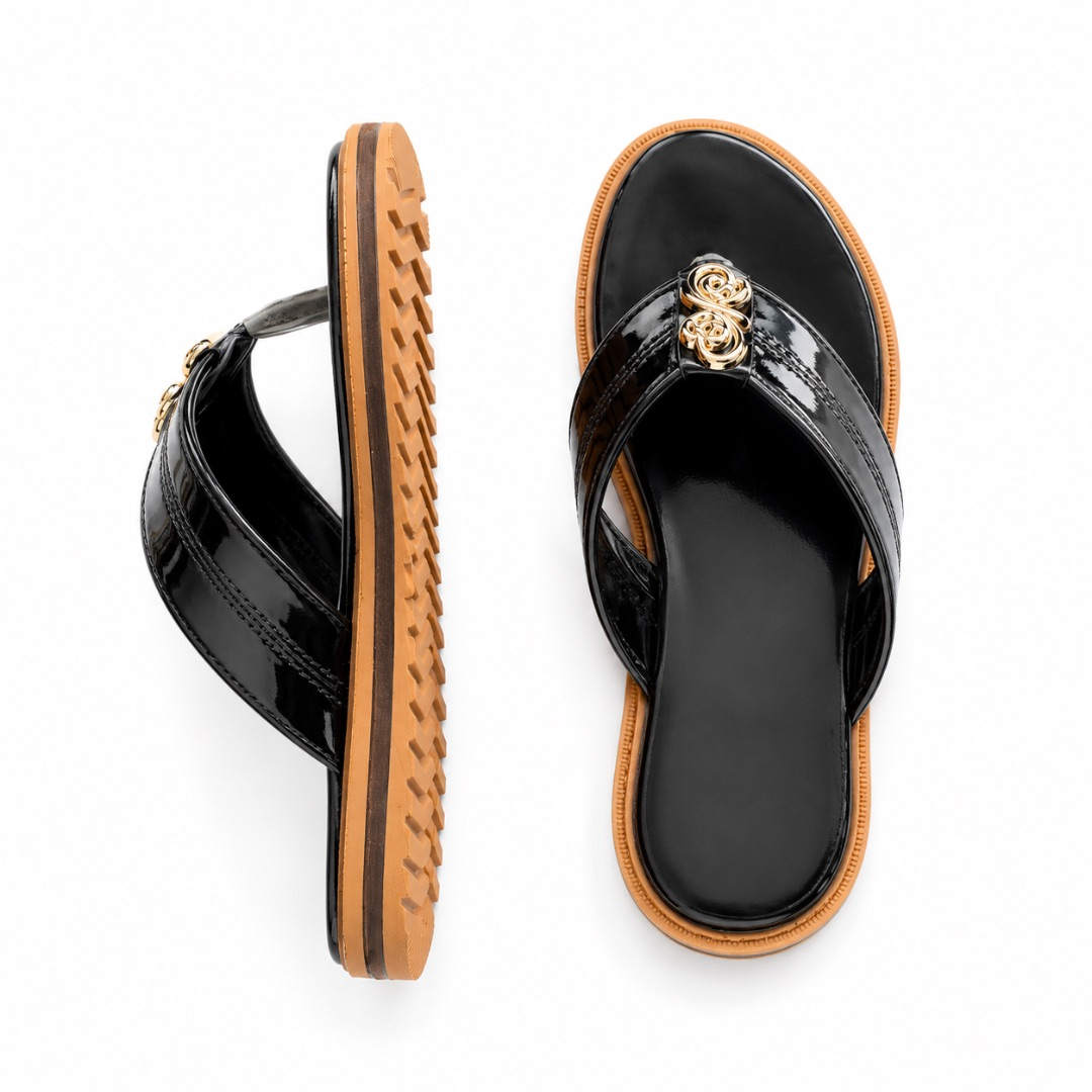 Glossy Patent Thong Sandals with Ornate Metallic Emblem