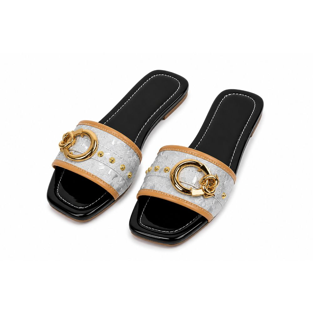 Womens Metallic Accent Flat Slide Sandals