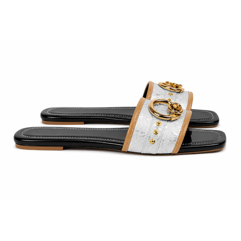 Womens Metallic Accent Flat Slide Sandals