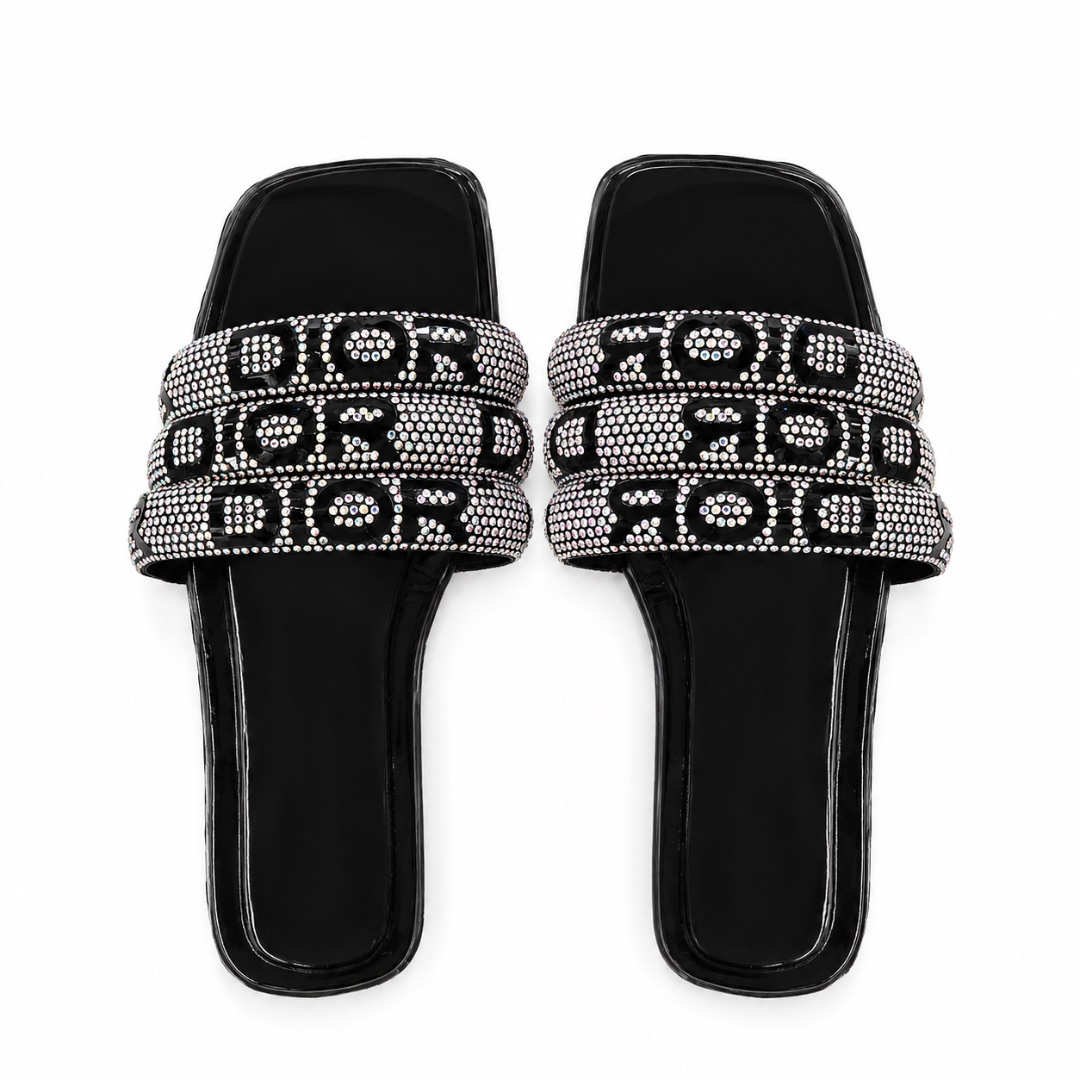 Crystal Embellished Triple Strap Slide Sandals