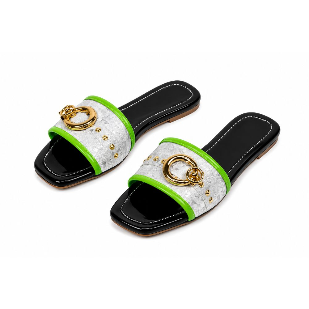Womens Decorative Buckle Flat Slide Sandals