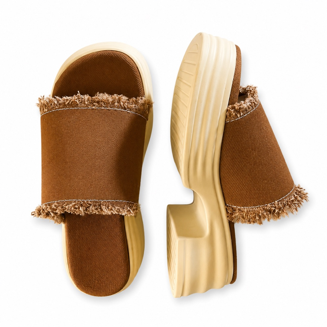 Frayed Denim Canvas Slide Sandals with Decorative Patch