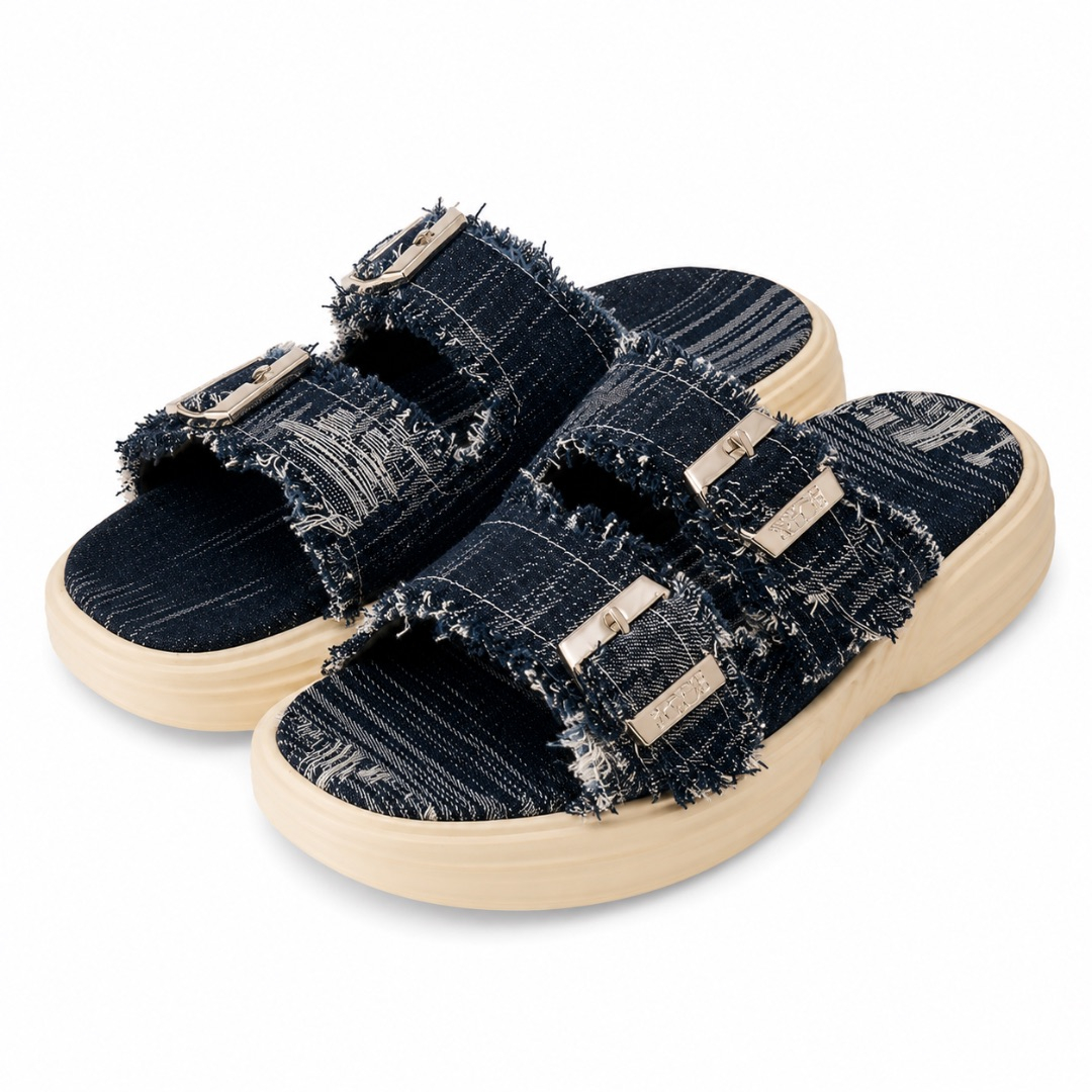 Distressed Denim Dual Strap Platform Slides