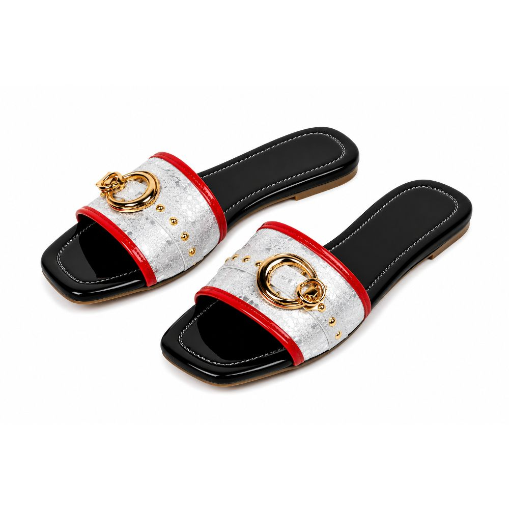 Decorative Buckle Flat Slide Sandals