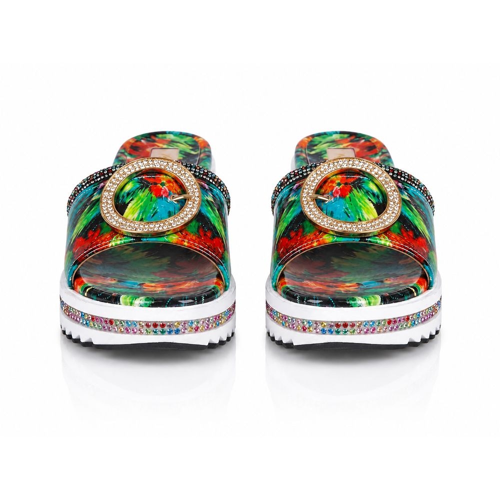 Womens Tropical Print Embellished Slide Sandals