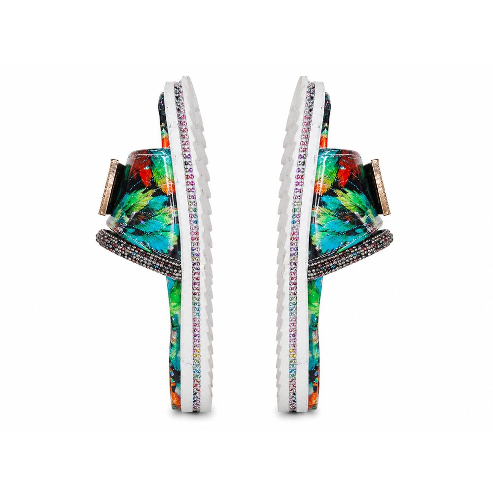 Womens Tropical Print Embellished Slide Sandals