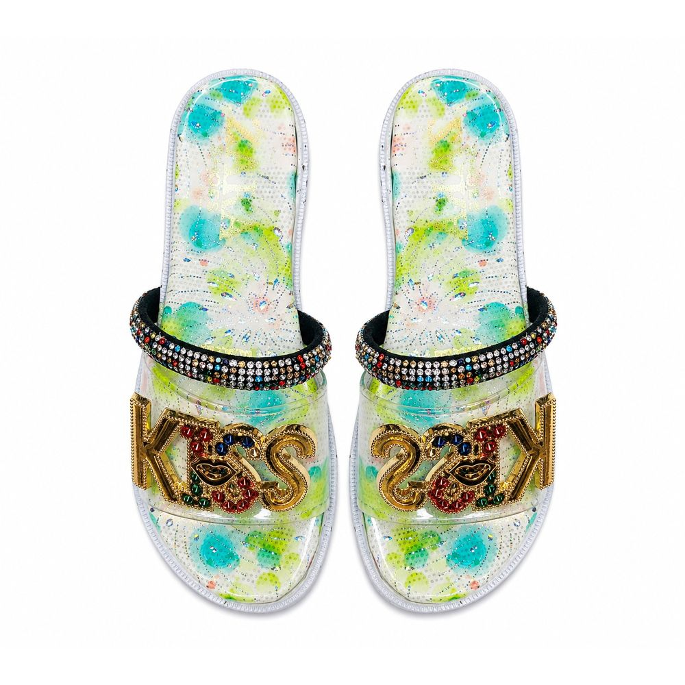 Womens Floral Print Embellished Slide Sandals