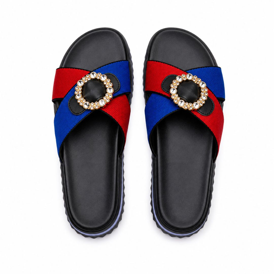 Womens Embellished Geometric Print Slides