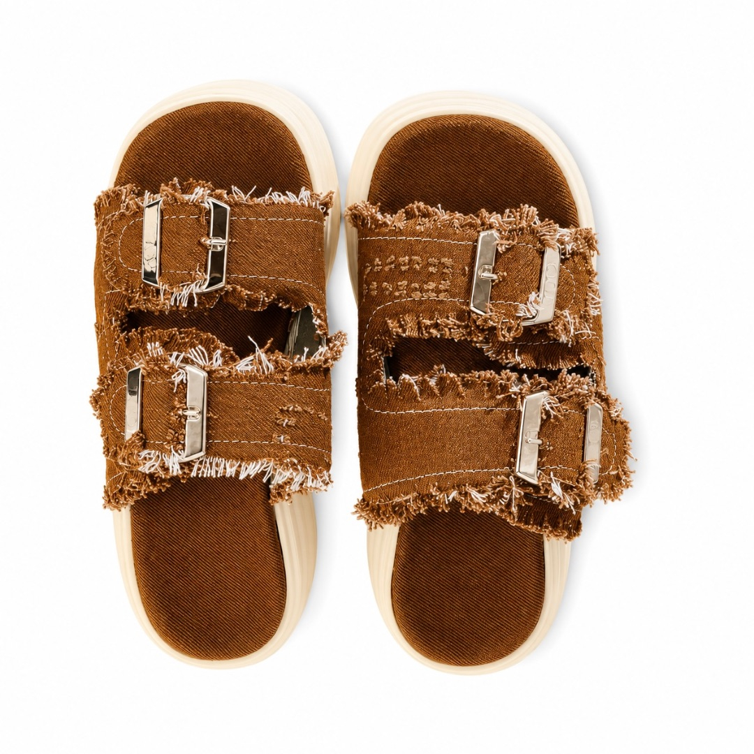 Frayed Brown Canvas Double Buckle Slide Sandals