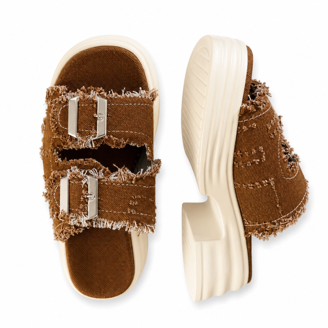Frayed Brown Canvas Double Buckle Slide Sandals