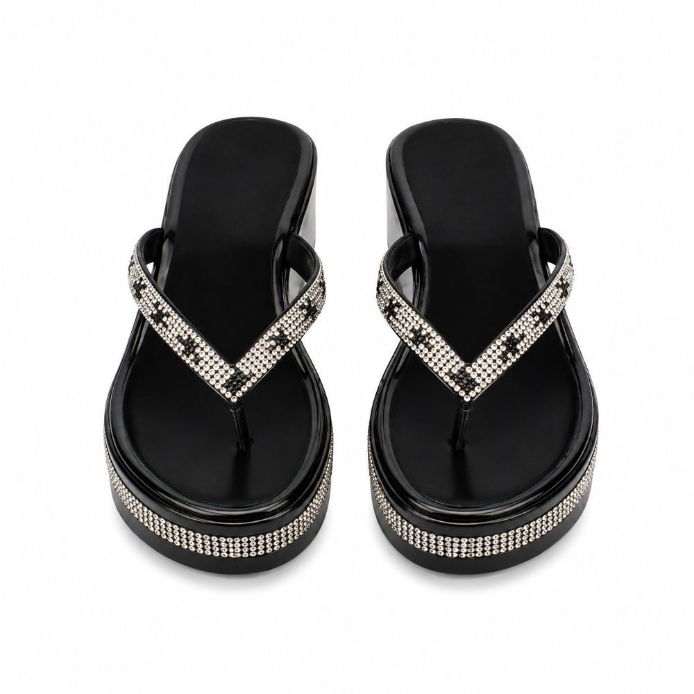 Black Silver Embellished Platform Thong Sandals
