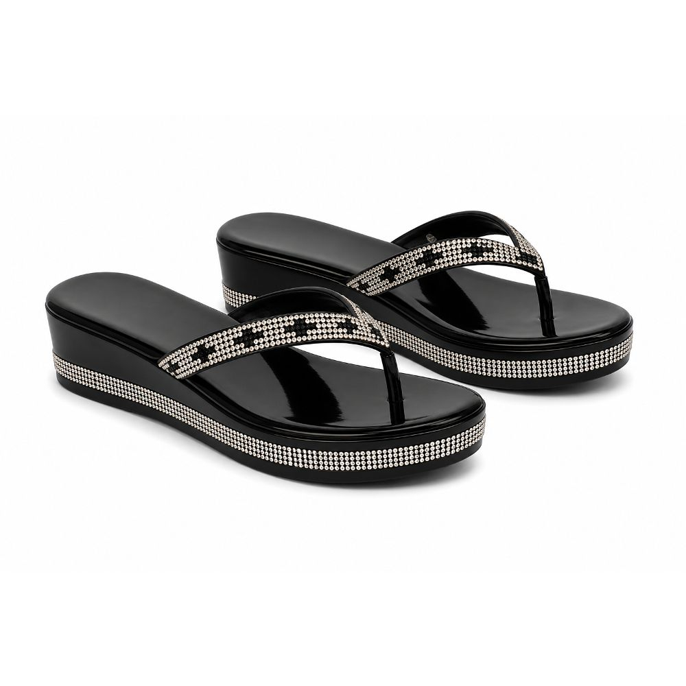 Black Silver Embellished Platform Thong Sandals