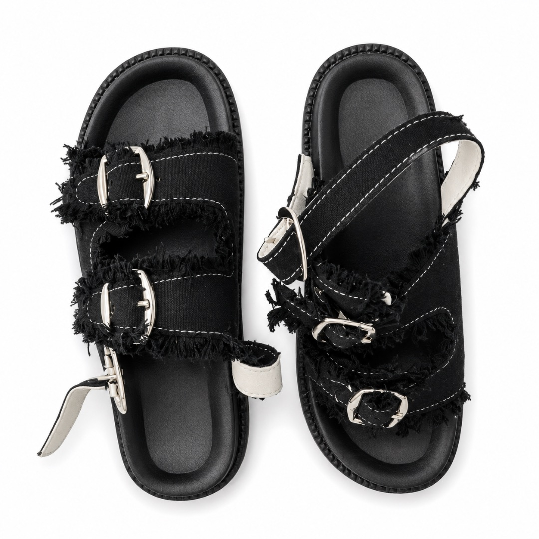 Frayed Black Canvas Buckled Backstrap Sandals