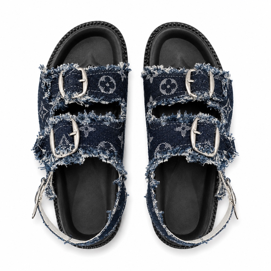 Patterned Blue Denim Buckled Backstrap Sandals