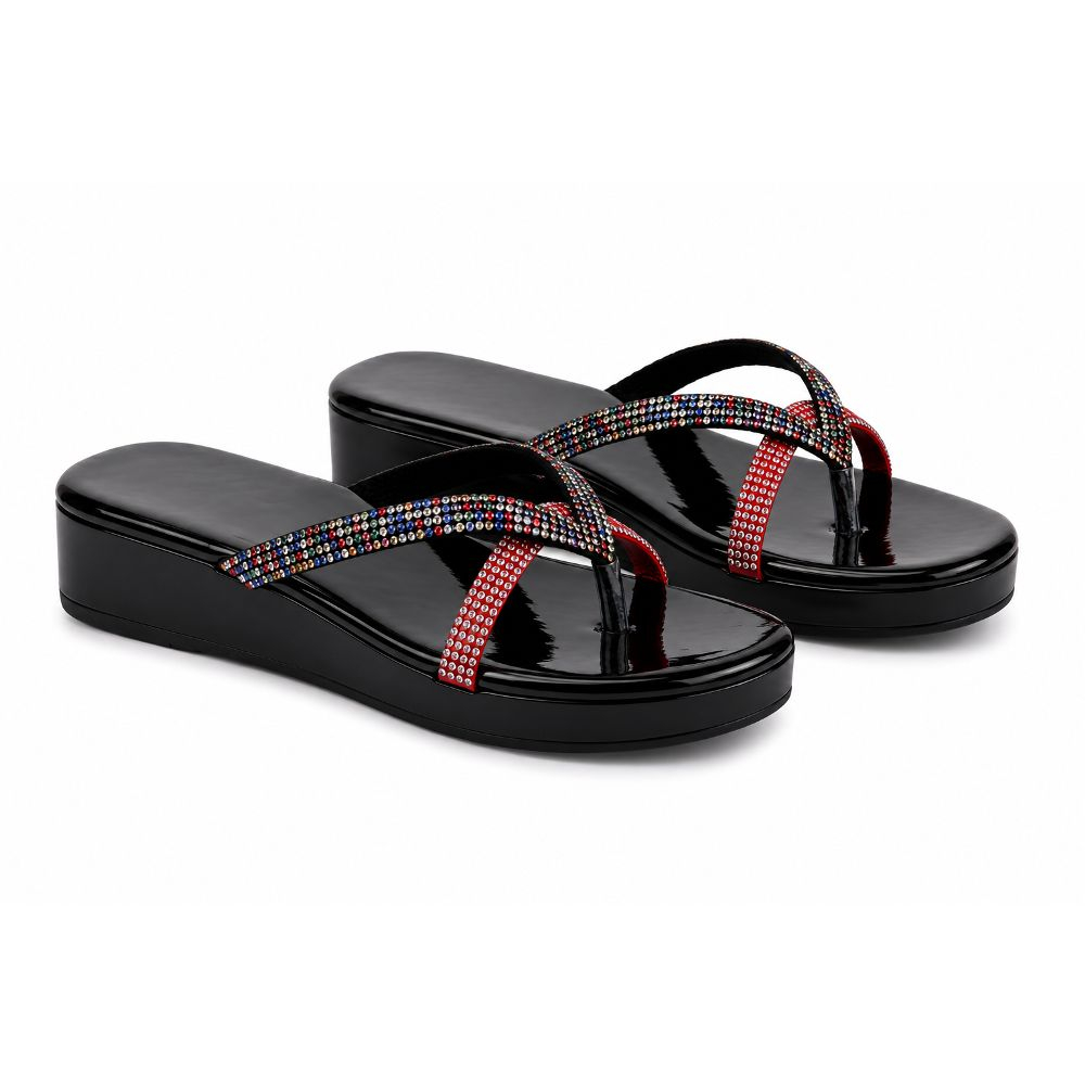 Glossy Black Multi Tone Beaded Strap Thong platform Sandals