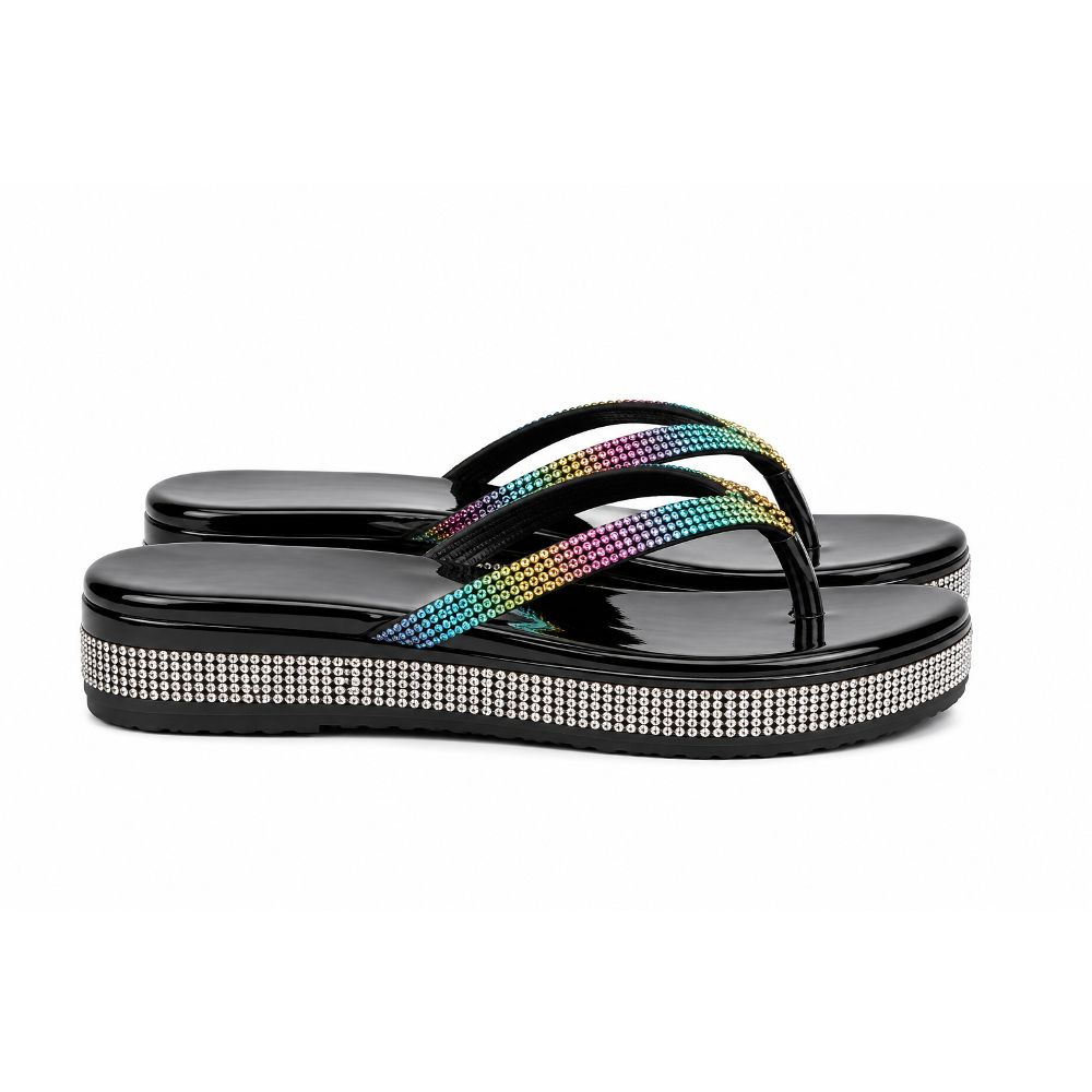 Black Rhinestone Embellished Platform Thong Sandals