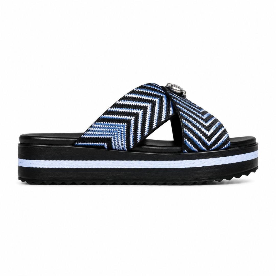Womens Blue Zig Zag Patterned Embellished Slides