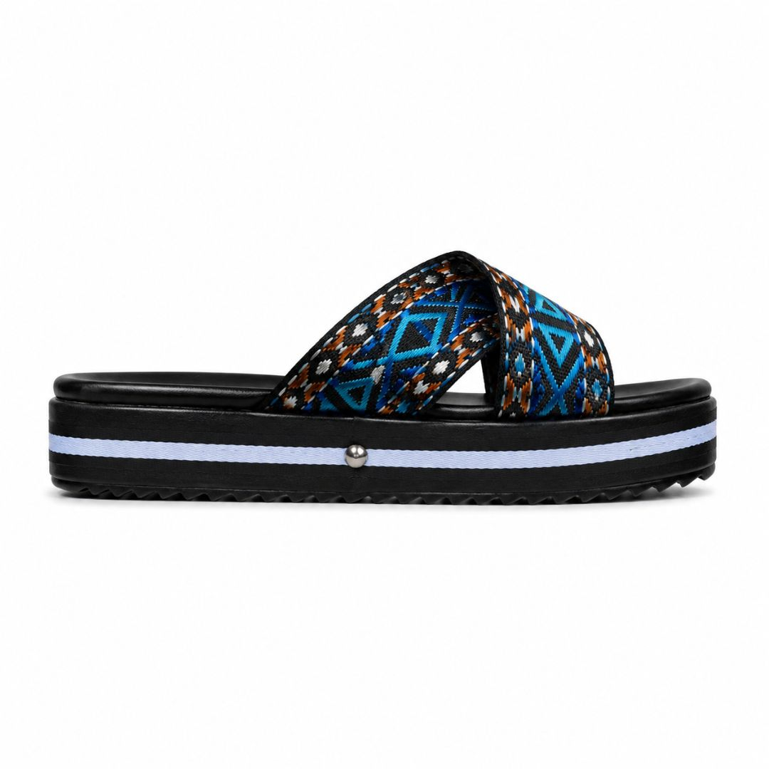 Premium Women Blue Patterned Embellished Slides
