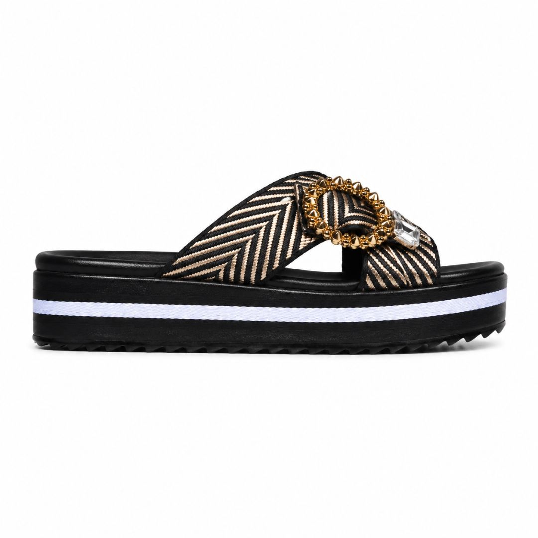 Women Slide Sandals with Chevron Pattern Strap