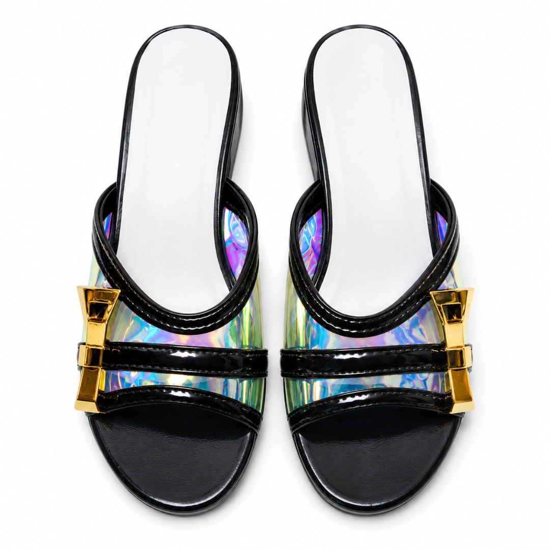 Holographic Bow Strap Block Heel Sandals