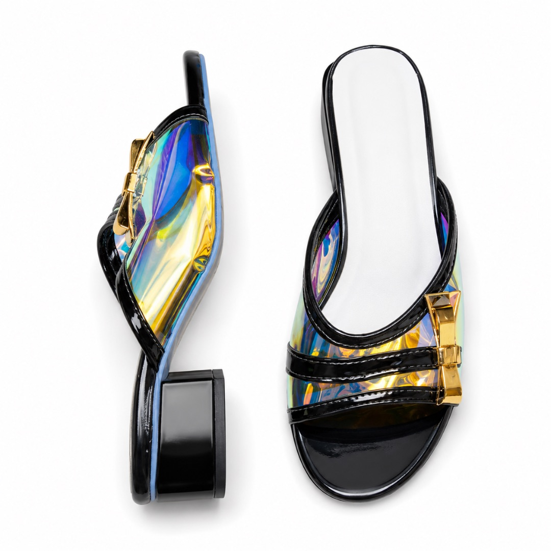 Holographic Bow Strap Block Heel Sandals