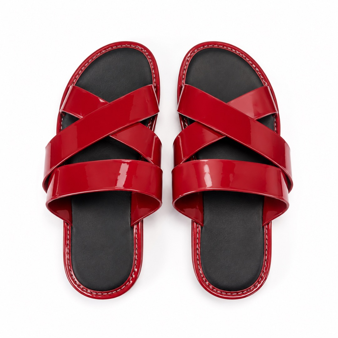 Mens Glossy Red Cross Strap Slides