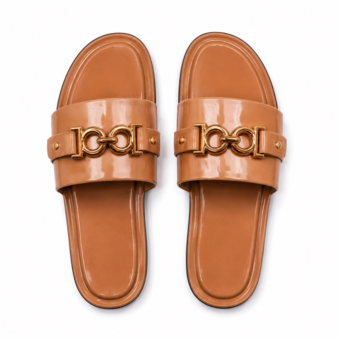 Womens Glossy Nude Flat Slide Sandals with Chain Detail