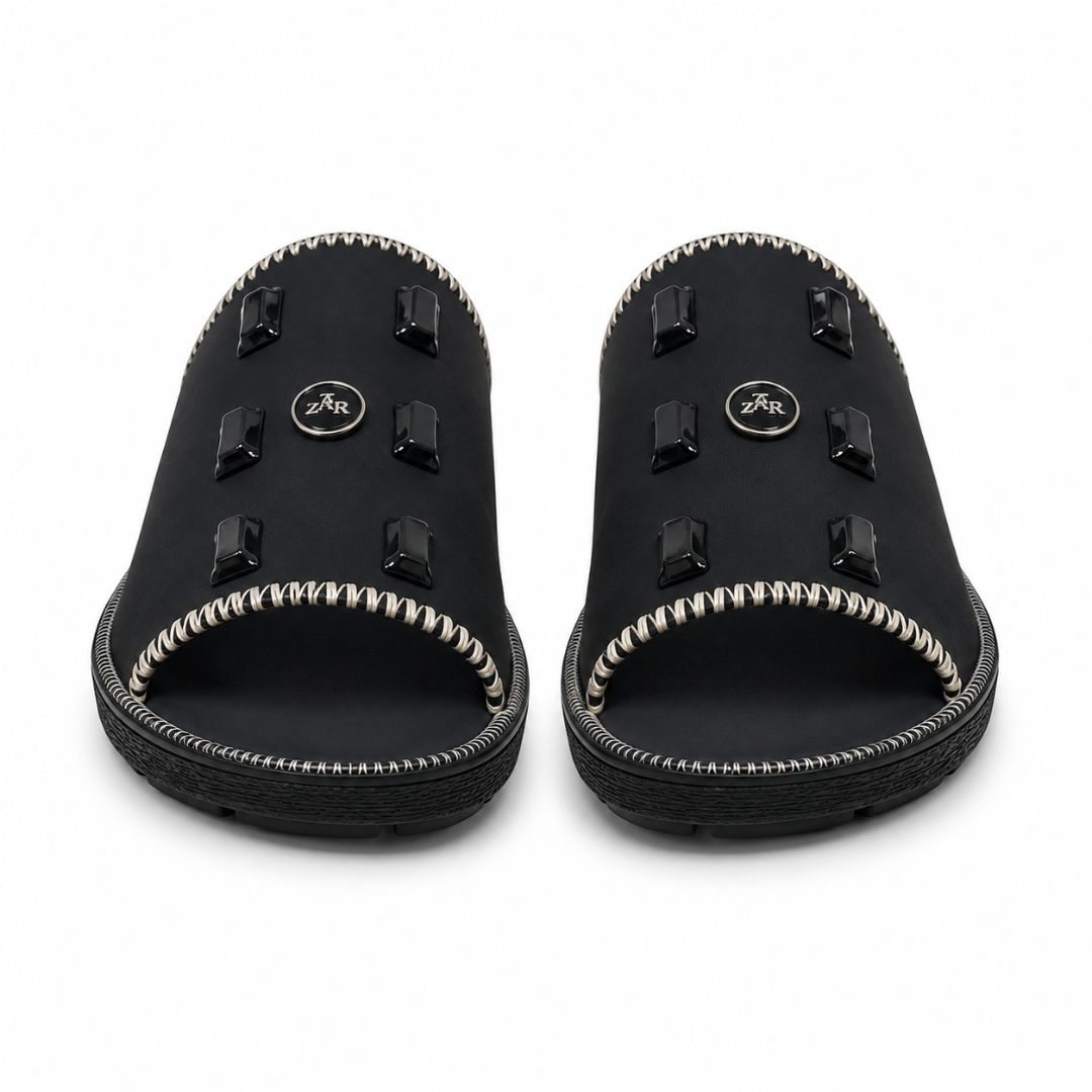 Premium Black Open Toe Embellished Comfort Slide Sandals