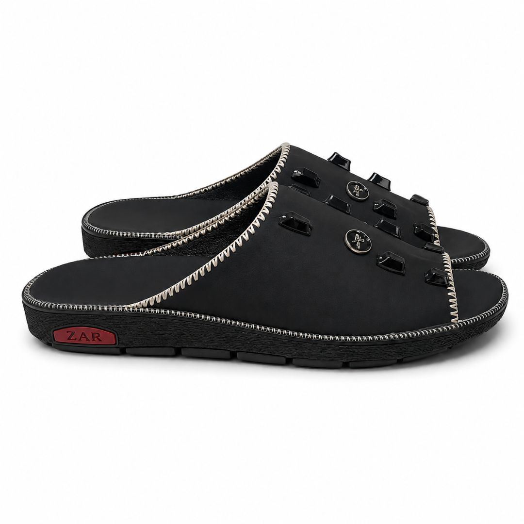 Premium Black Open Toe Embellished Comfort Slide Sandals