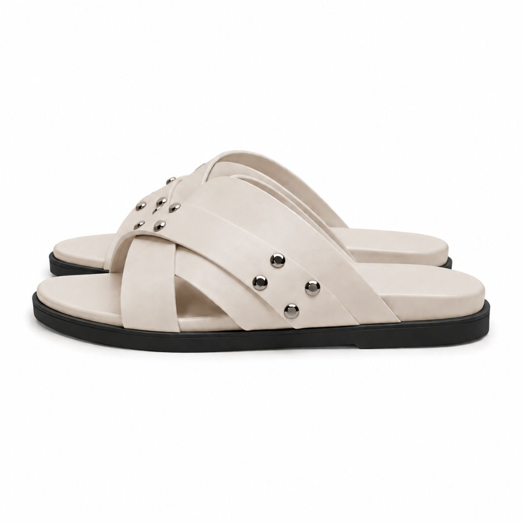 Mens Cross Strap Comfort Slide Sandals with silver accent
