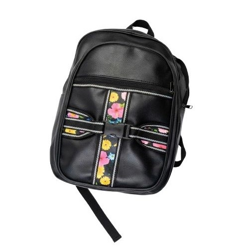 Kids Black Faux Leather Backpack with Floral Straps and Heart Eyes Graphic