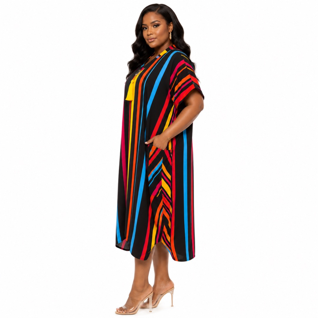 Multi Color Vertical Stripe V Neck Tunic Dress