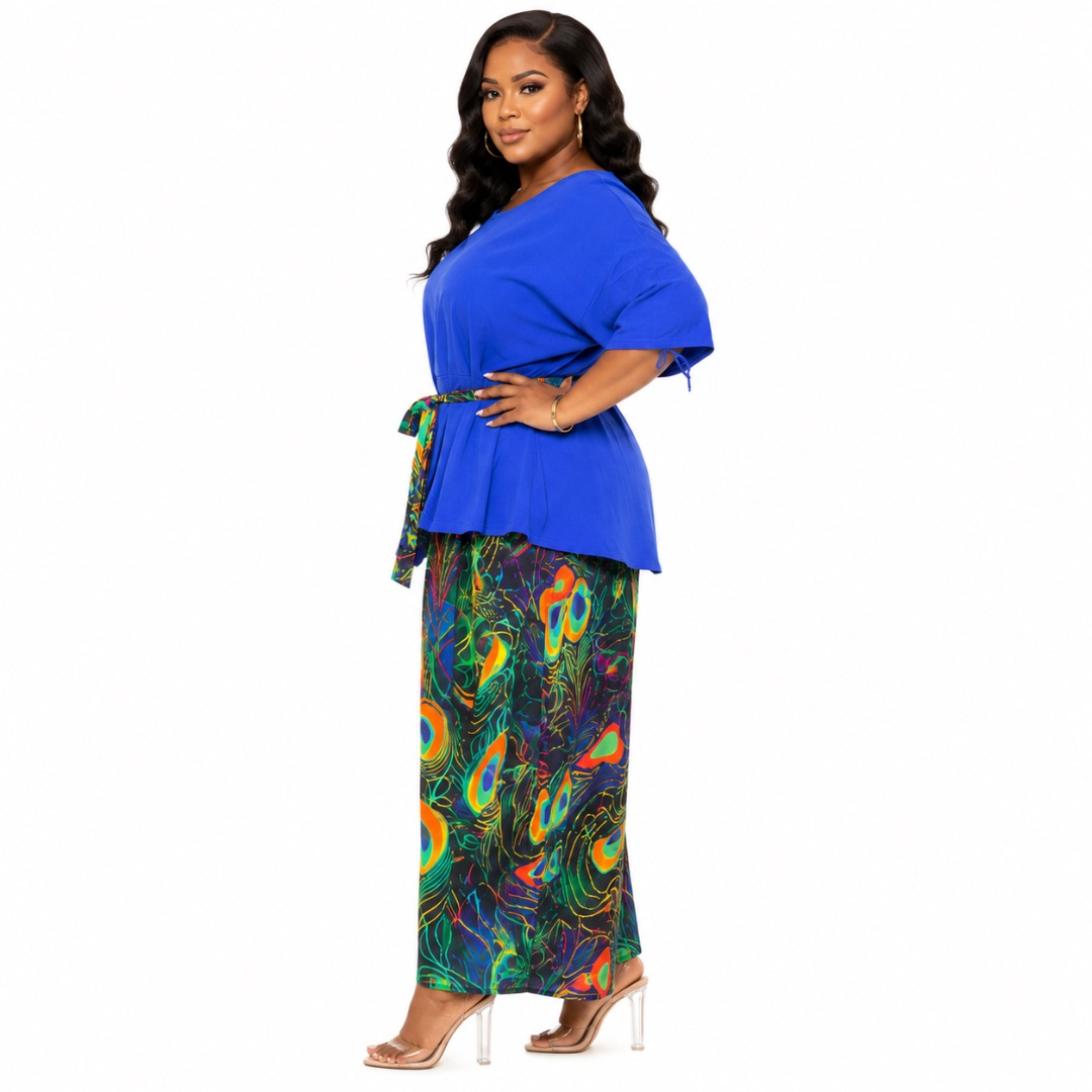 Two Piece Peplum Top and Peacock Print Maxi Skirt Set