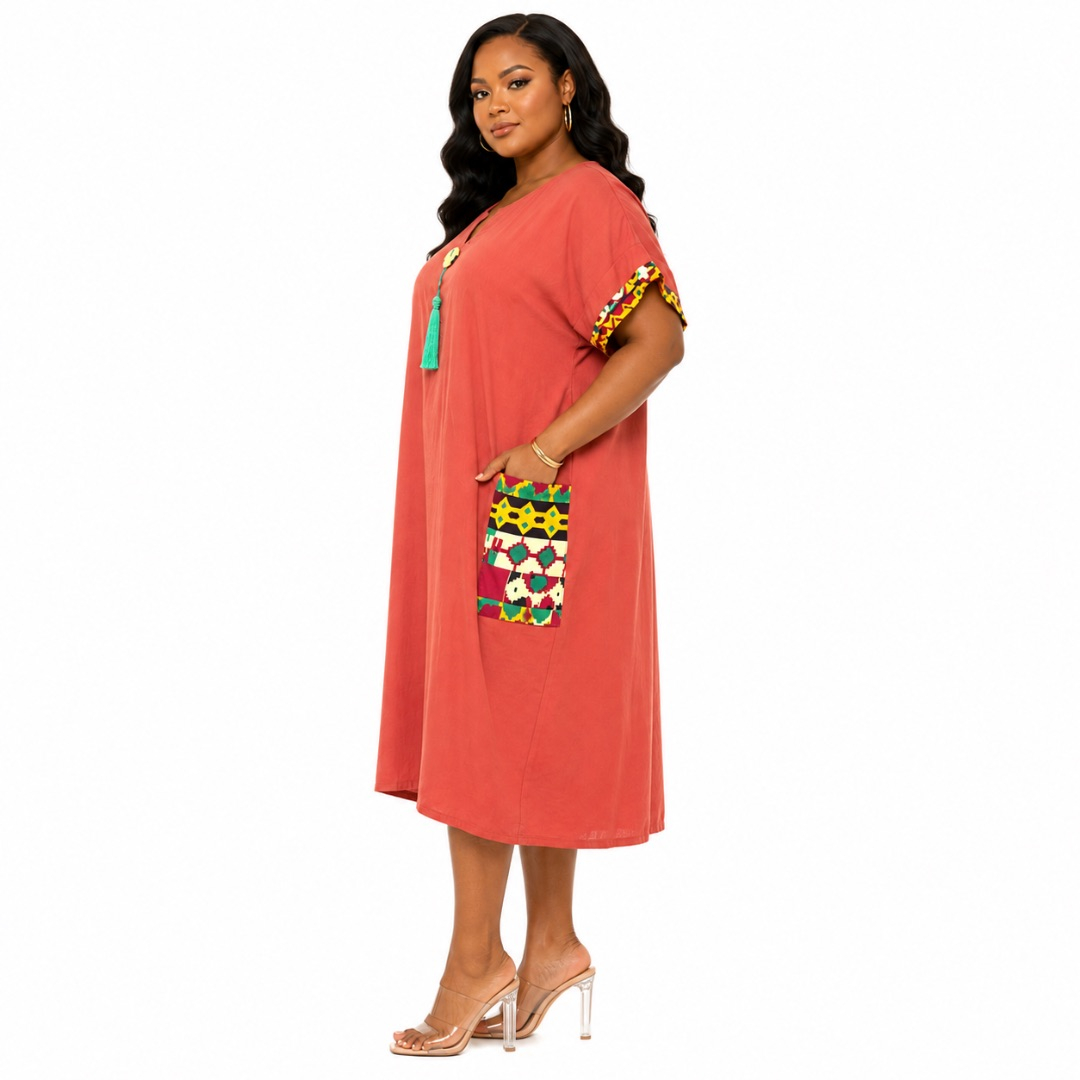 Terracotta V Neck Tunic Dress with Patterned Accents