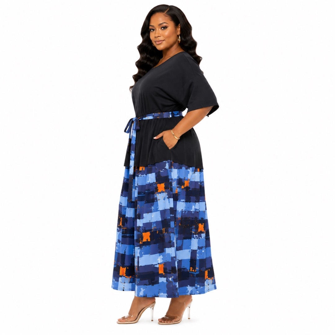 Two Piece Peplum Top and Abstract Print Maxi Skirt Set