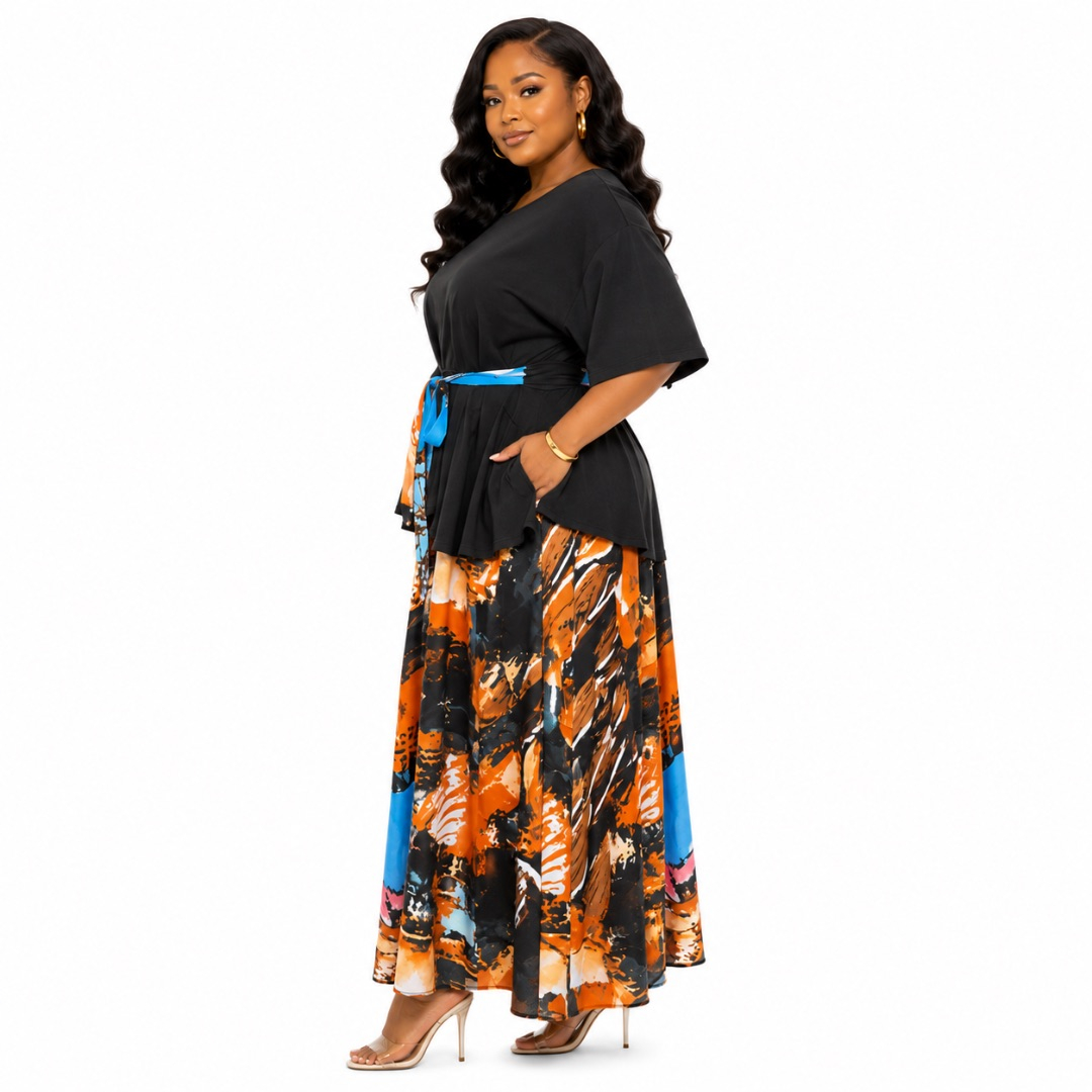 Two Piece Peplum Top and Painterly Print Maxi Skirt Set