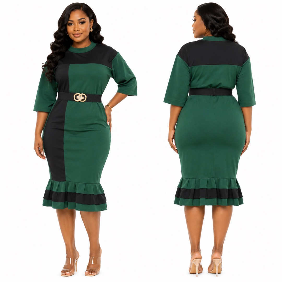 Color Block Mock Neck Midi Dress
