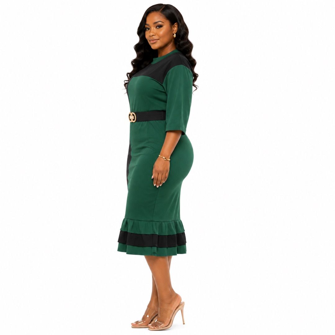 Color Block Mock Neck Midi Dress