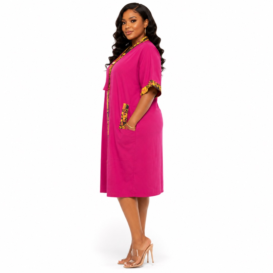 Pink V Neck Midi Kaftan with Patterned Accents