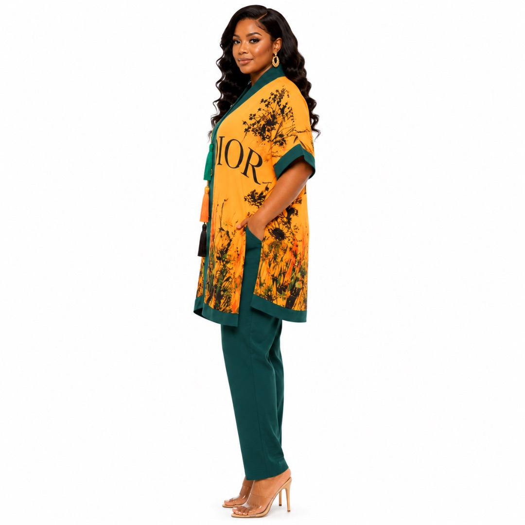 Two Piece Floral Kimono and Trouser Set