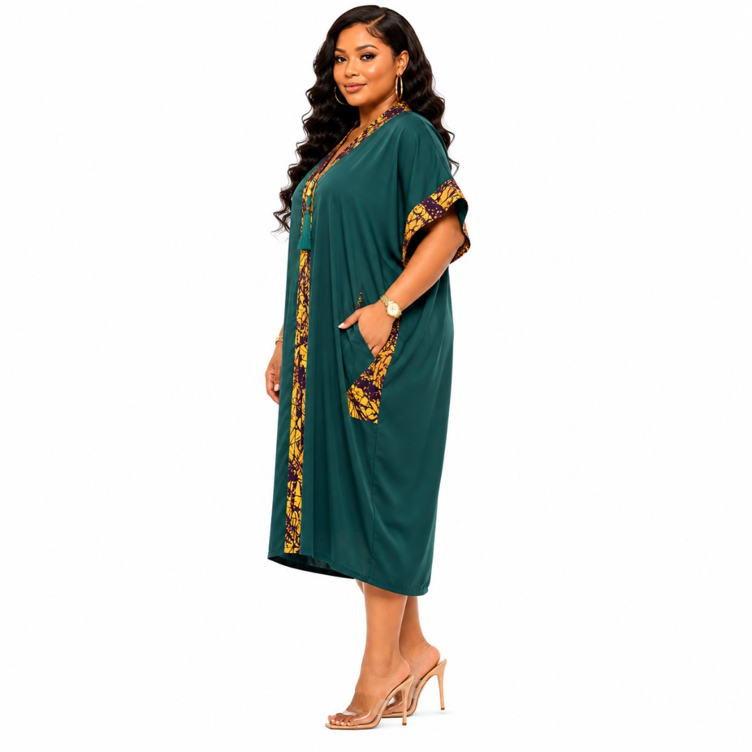 Stylish Green Kaftan with Multicolored Batik Accents
