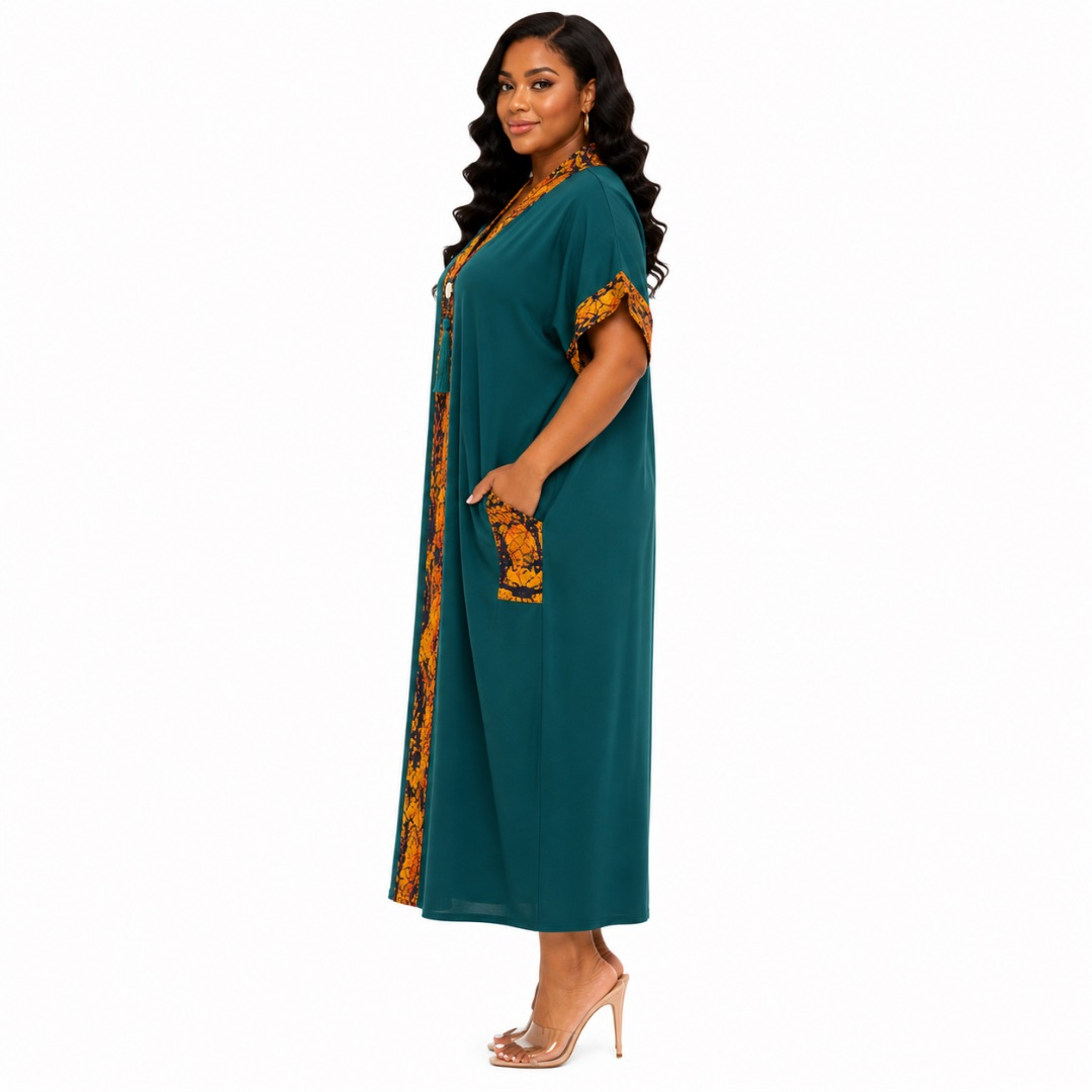 Stylish Deep Green Kaftan with Vibrant Batik Accents