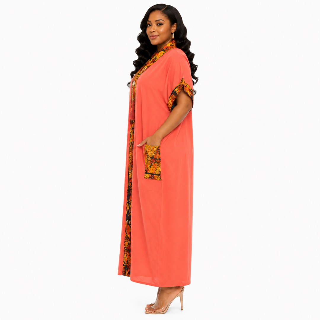 Short Sleeve Embroidered V Neck Caftan Dress
